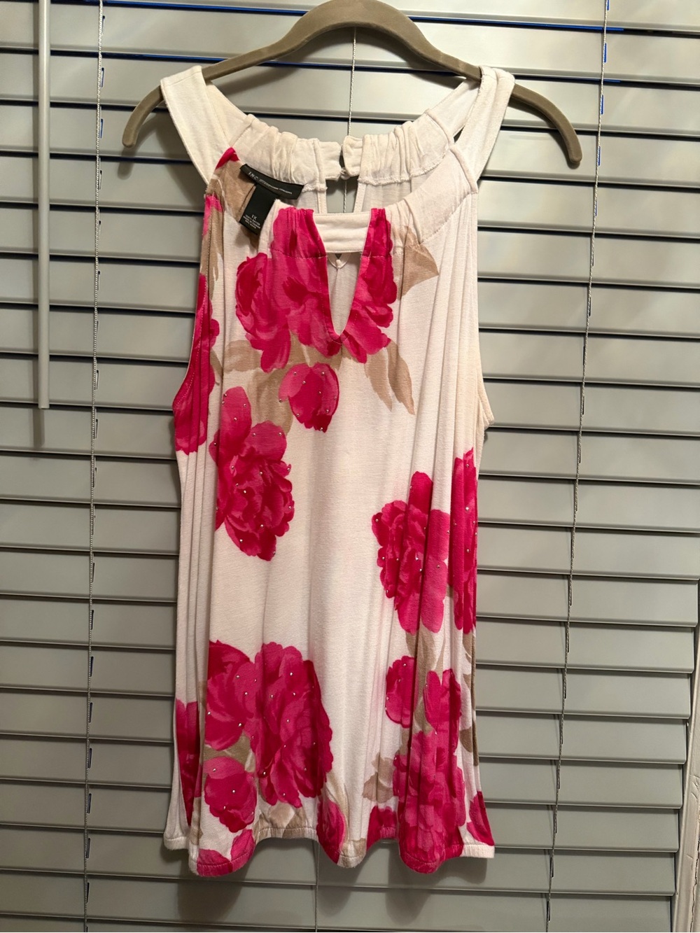 White Tank Top with Bright Pink Floral Print. INC.